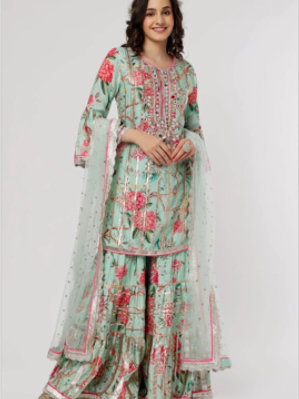 Girls Mint Floral Embroidered Dress with Dupatta